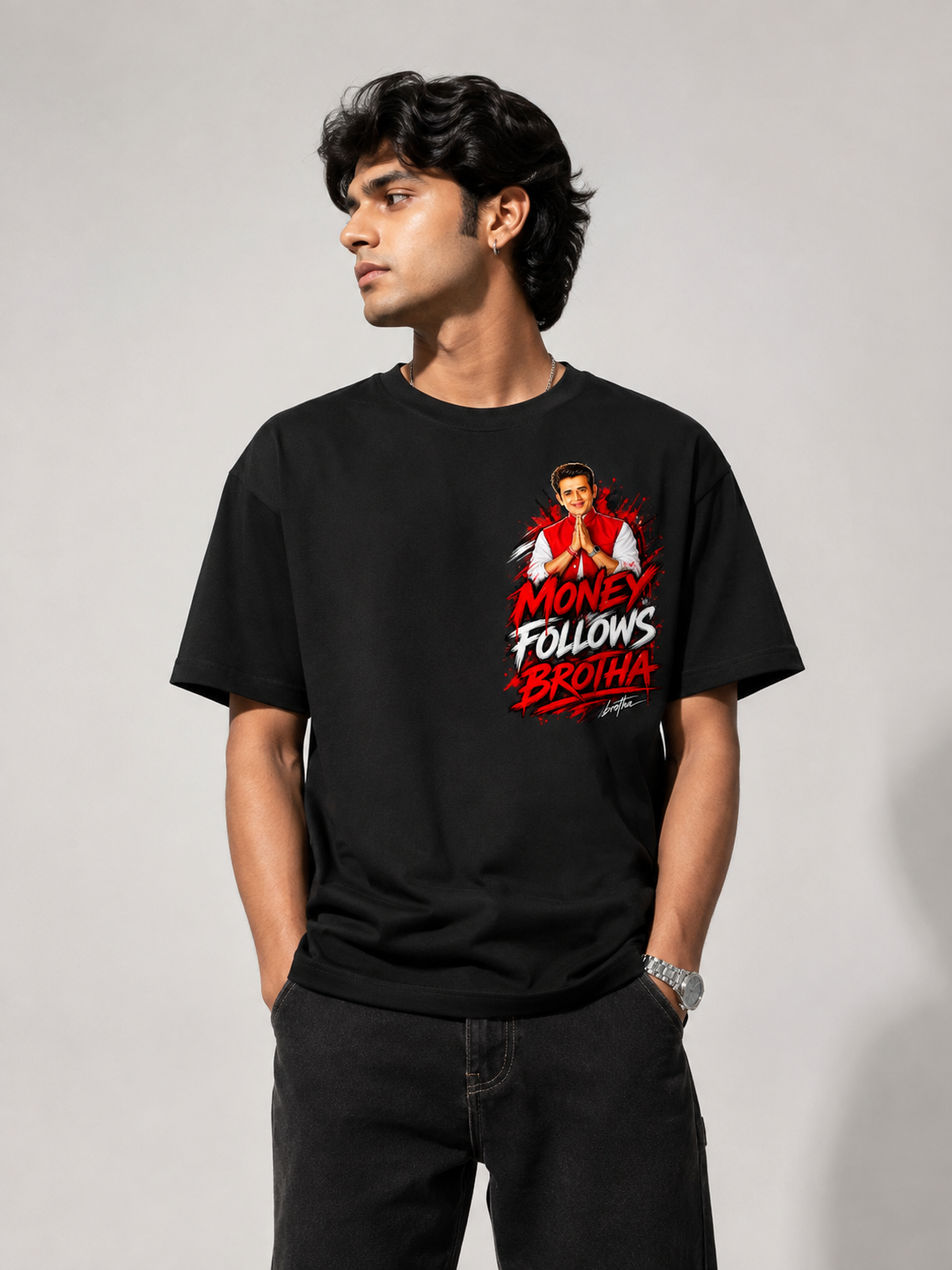 RAVI KISHAN MEME TSHIRT BLACK MINIMILIST